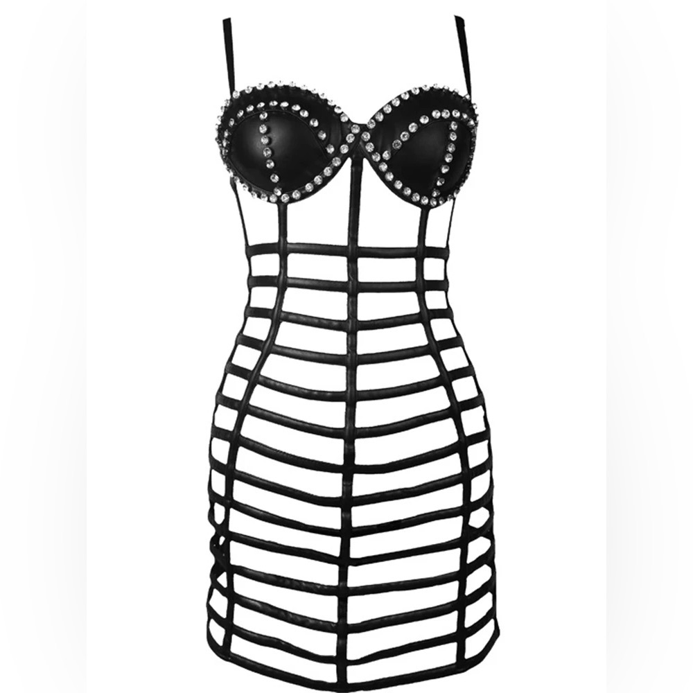 Adonna Black with Silver Stud Rhinestone Strappy Cage Mini Dress